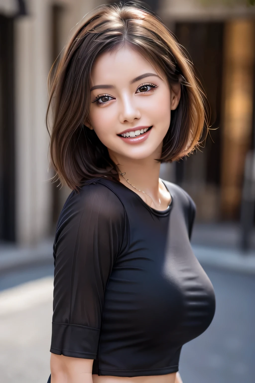 (8k, RAW Photos, highest quality, masterpiece, Realistic, Realistic), (1 female), (Ultimate beauty), Highly detailed face, (Perfect Teeth), Beautiful Eyes, double eyelid, eyelash, smile, Lip details, (Neat brunette bob), The light shines on your face, Big Breasts, ((blouse)), (Tight mini skirt), (background: none),  Background blur