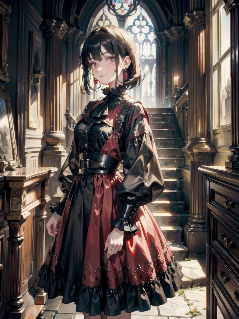 whole body, Gothic red dress, vampire, (in castle), creepy smile, absurdres, RAW photo, extremely delicate and beautiful, masterpiece, Best Quality, ultra high resolution, 32k, hyperrealistic, ultra-detailed, detailed description, pale skin, 20 years old, detailed beautiful face and eyes, tearful mole, earring, Colossal tits, short medium hair, wavy hair, antique pictorial book,