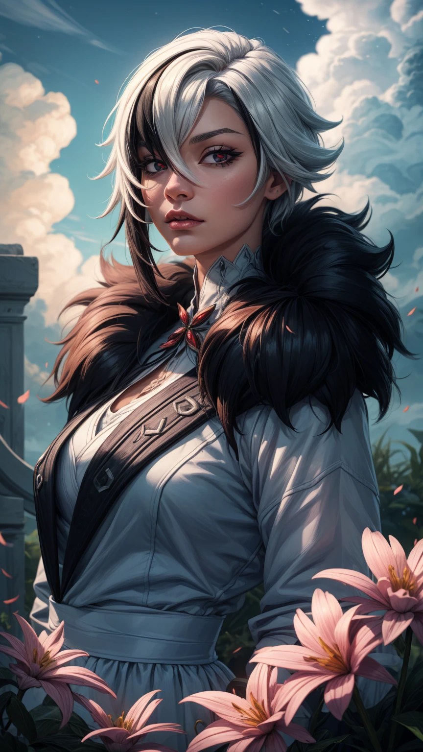 "((fantasy art)) featuring an alien girl, immersed in a heavenly symphony, clouds turn into bright splashes, flowers are scattered, like notes in the wind, visual orchestration of color and wonder" night , full moon very detailed, dynamic, cinematic, deafening, Realistic lighting and shadows, harlequin, hair between eyes, black hair, White hair, short hair, coat, fur trim, fur-trimmed coat, (X-shaped eyes, Eyes in the shape of symbols, Squint your eyes),
