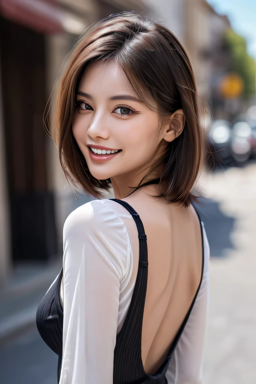 (8k, RAW Photos, highest quality, masterpiece, Realistic, Realistic), (1 female), (Ultimate beauty), Highly detailed face, (Perfect Teeth), Beautiful Eyes, double eyelid, eyelash, smile, Lip details, (Neat brunette bob), The light shines on your face, Big Breasts, ((Colorful mini dresses)), (background: none),  Background blur