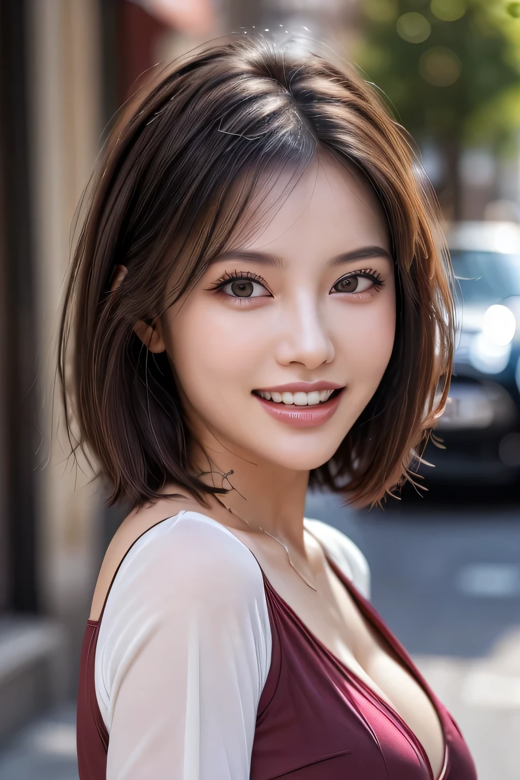 (8k, RAW Photos, highest quality, masterpiece, Realistic, Realistic), (1 female), (Ultimate beauty), Highly detailed face, (Perfect Teeth), Beautiful Eyes, double eyelid, eyelash, smile, Lip details, (Neat brunette bob), The light shines on your face, Big Breasts, ((Colorful mini dresses)), (background: none),  Background blur