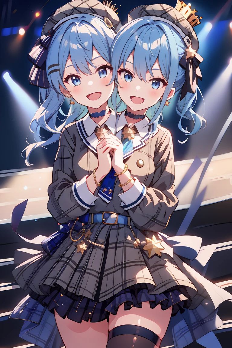 (masterpiece, best quality), best resolution, 16k, (2heads:1.5), close-up, 1girl, solo, HoshimachiSuisei, side ponytail, blue hair ribbon, SuiseiBase, plaid beret, crown, blue star choker, star earrings, blue ascot, plaid jacket, plaid skirt, layered skirt, partially fingerless gloves, star bracelet, uneven legwear, thigh strap, standing, (cheek to cheek), (own hands together, praying hangs), smile, open mouth, singing, look at viewer, happy, stable, concert stage, starfield, spotlight