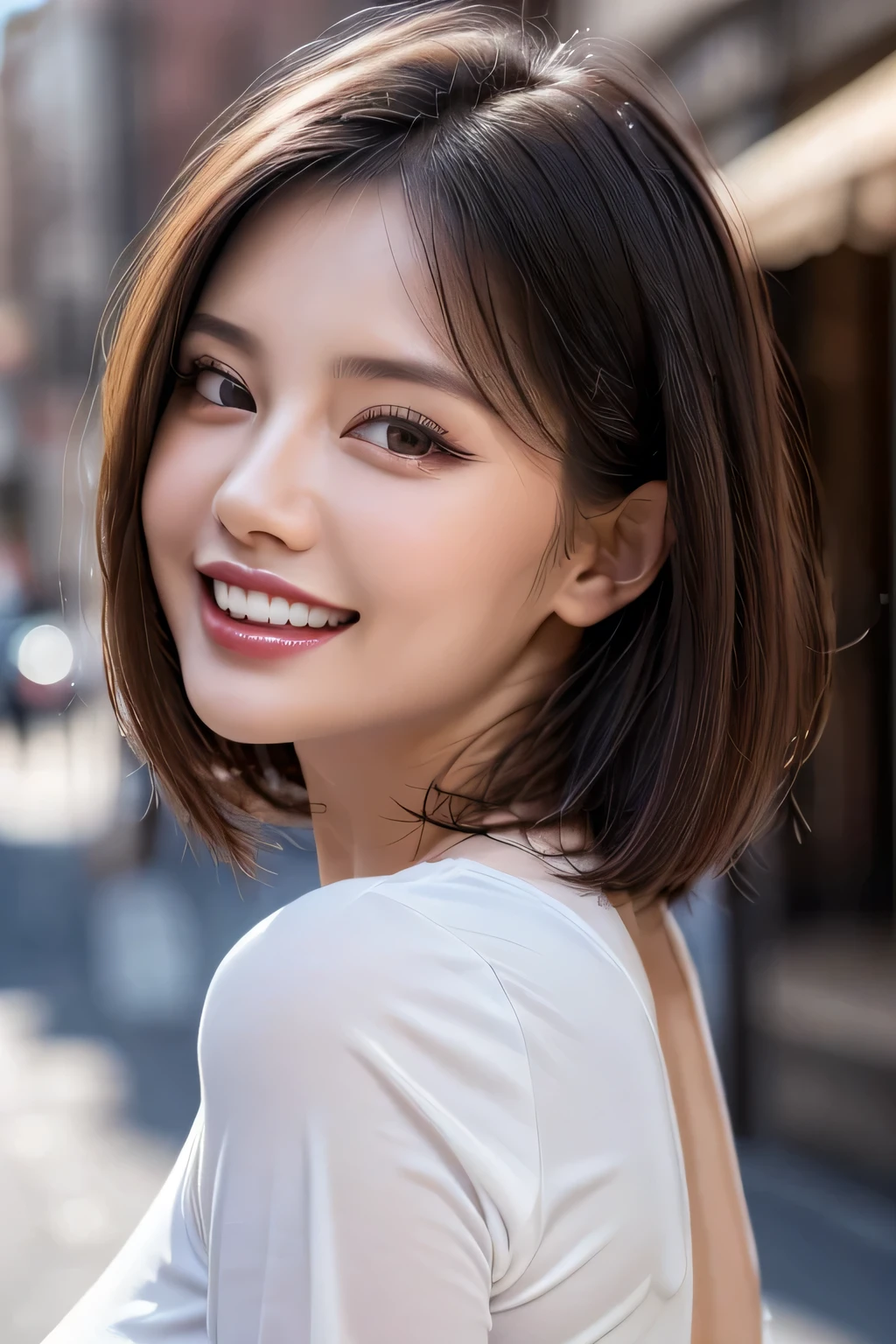 (8k, RAW Photos, highest quality, masterpiece, Realistic, Realistic), (1 female), (Ultimate beauty), Highly detailed face, (Perfect Teeth), Beautiful Eyes, double eyelid, eyelash, smile, Lip details, (Neat brunette bob), The light shines on your face, Big Breasts, ((Colorful mini dresses)), (background: none), Background blur