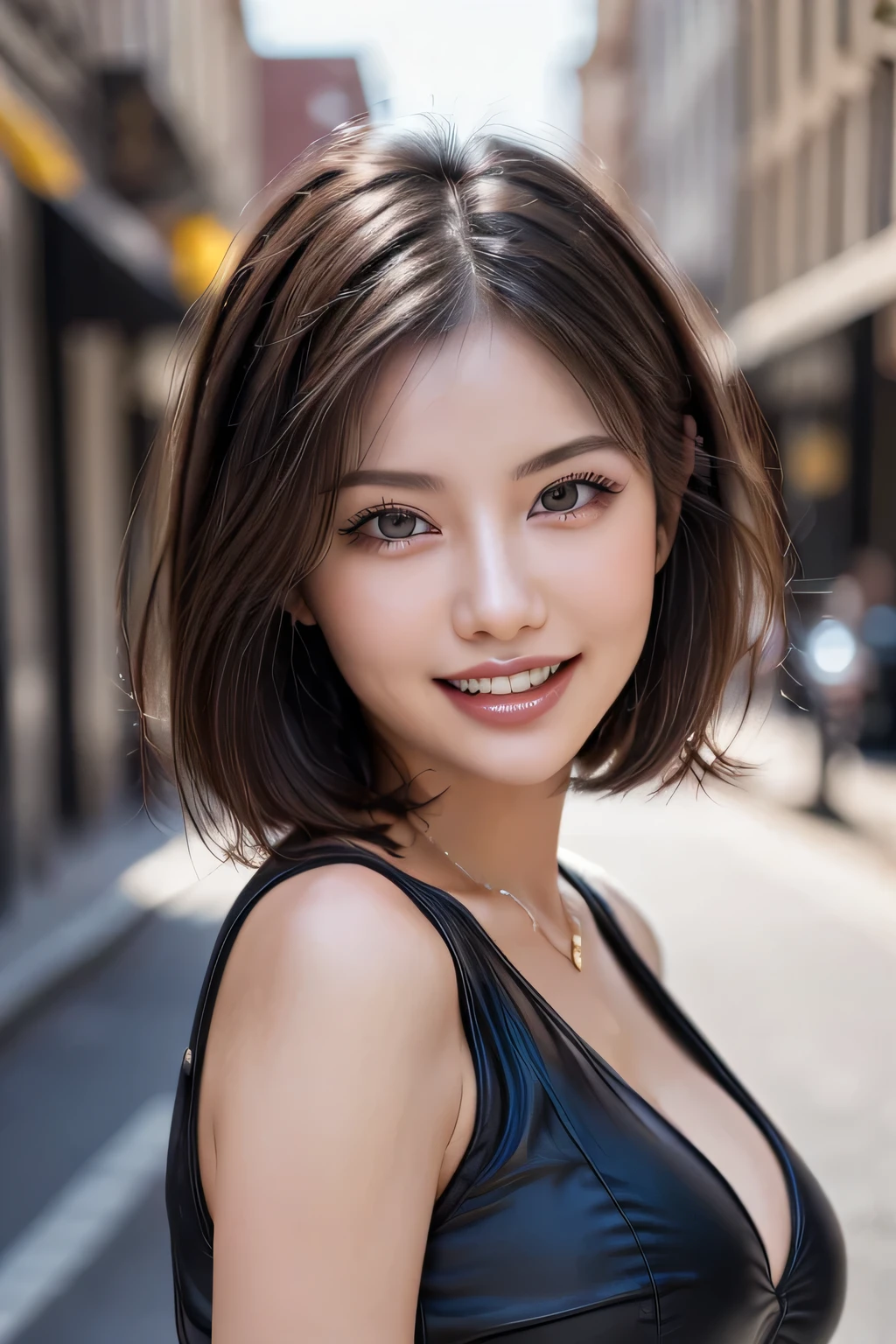 (8k, RAW Photos, highest quality, masterpiece, Realistic, Realistic), (1 female), (Ultimate beauty), Highly detailed face, (Perfect Teeth), Beautiful Eyes, double eyelid, eyelash, smile, Lip details, (Neat brunette bob), The light shines on your face, Big Breasts, ((Colorful mini dresses)), (background: none), Background blur