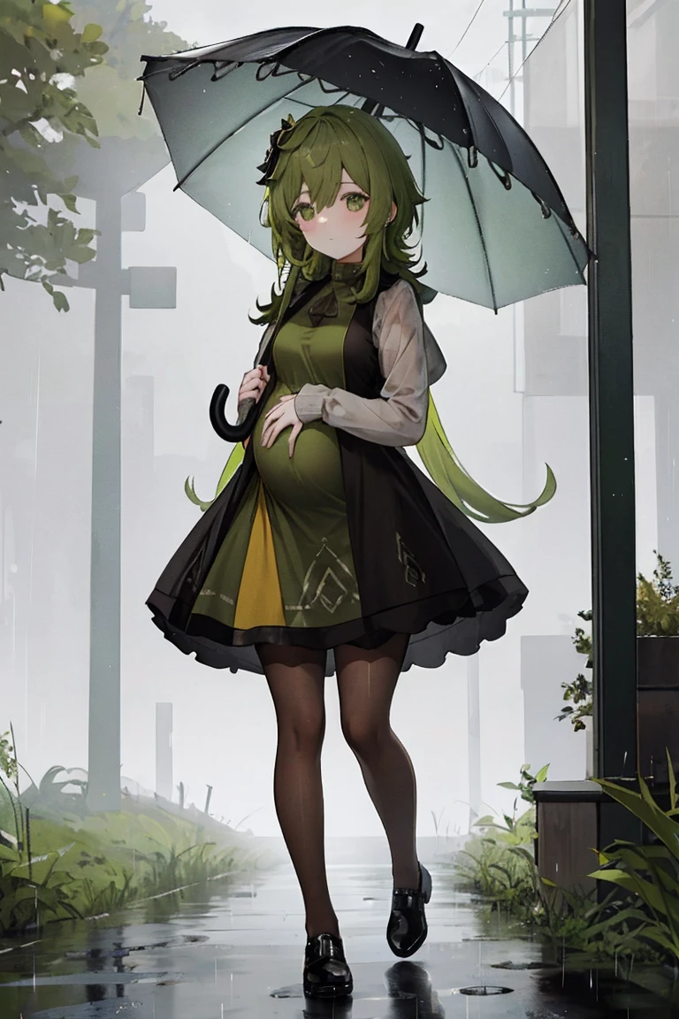 1 girl,Pregnant, there were children,Big belly，Holding her pregnant belly，Standing，Brown and black bodycon dress，Brown pantyhose，Green Hair，whole body，rain，Holding an umbrella，Walking in the rain