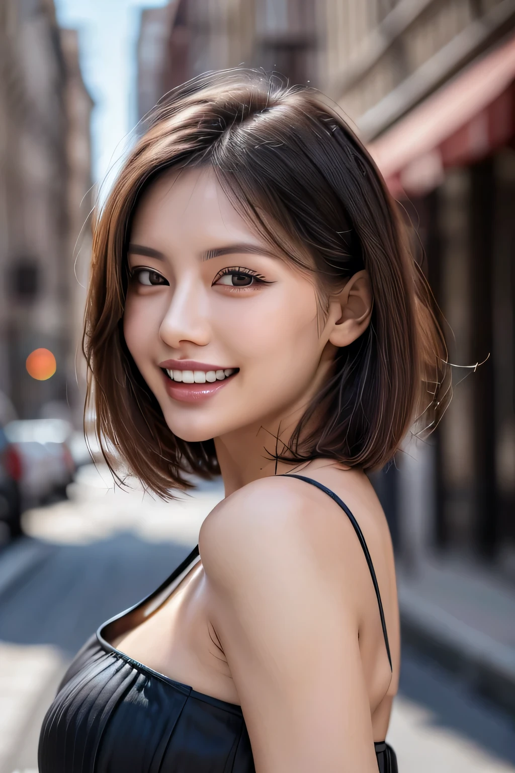 (8k, RAW Photos, highest quality, masterpiece, Realistic, Realistic), (1 female), (Ultimate beauty), Highly detailed face, (Perfect Teeth), Beautiful Eyes, double eyelid, eyelash, smile, Lip details, (Neat brunette bob), The light shines on your face, Big Breasts, ((Colorful mini dresses)), (background: none),  Background blur