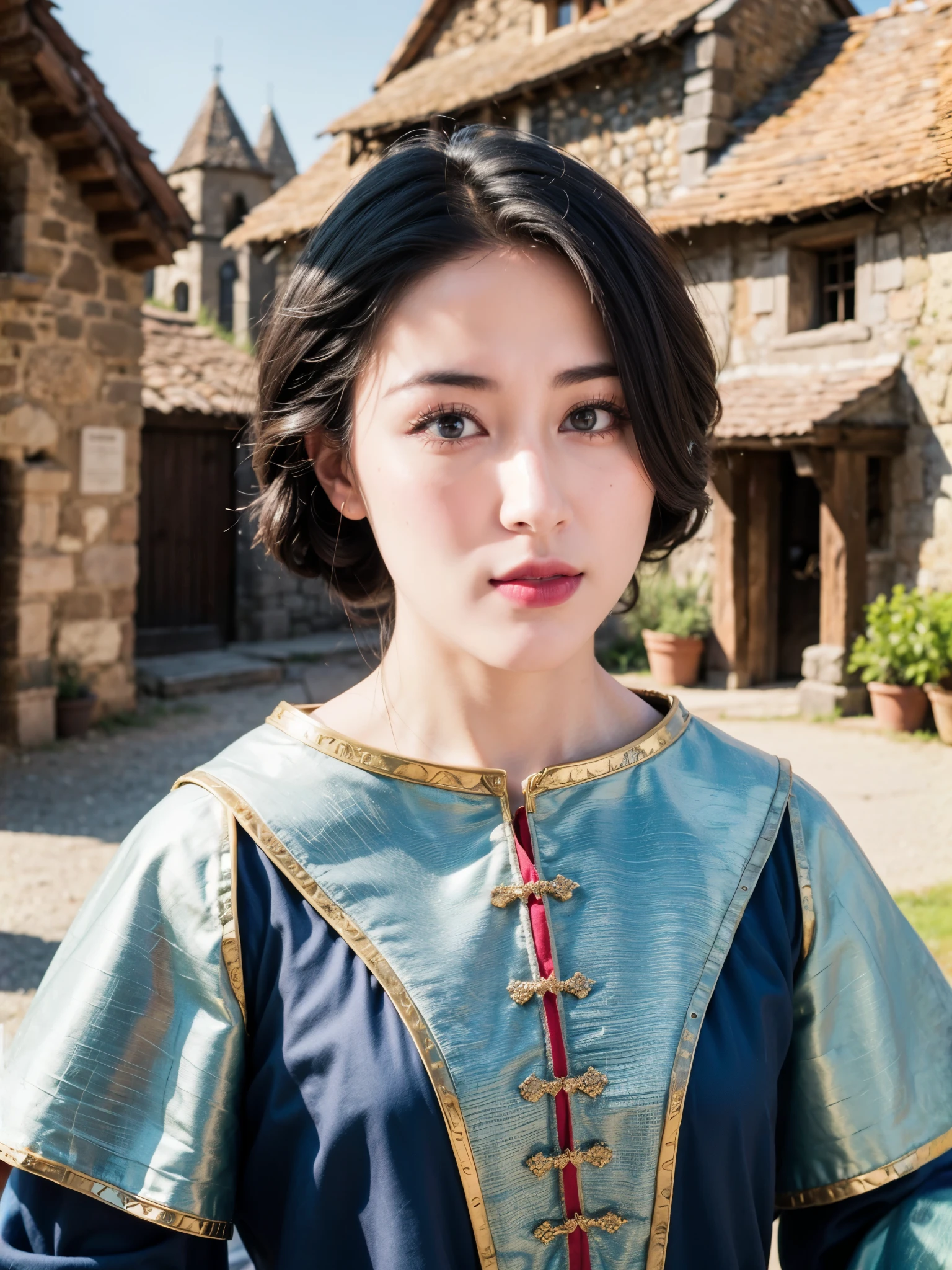 Portrait of a woman, wearing medieval clothes, medieval village on background, (highly detailed face:1.4) (smile:0.7) (background inside dark, moody, private study:1.3) POV, by lee jeffries, nikon d850, film stock photograph ,4 kodak portra 400 ,camera f1.6 lens ,rich colors ,hyper realistic ,lifelike texture, dramatic lighting , cinestill 800