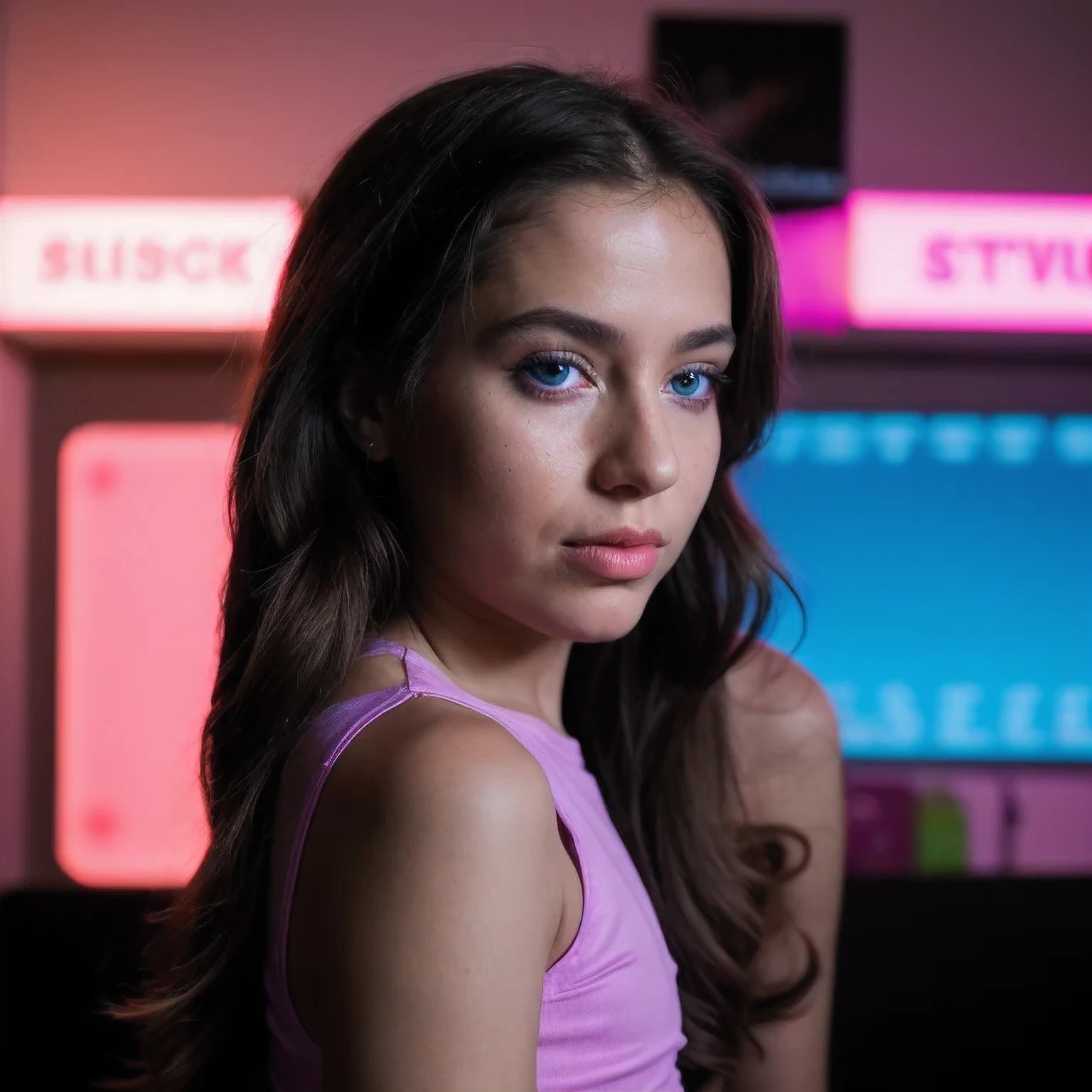 photo of a 4 years old, in Purple Pink, futuristic cotton and linen, (freckles:0.8) cute face, sci-fi, dystopian, detailed eyes, cobalt blue eyes（（Side view））Disco bar