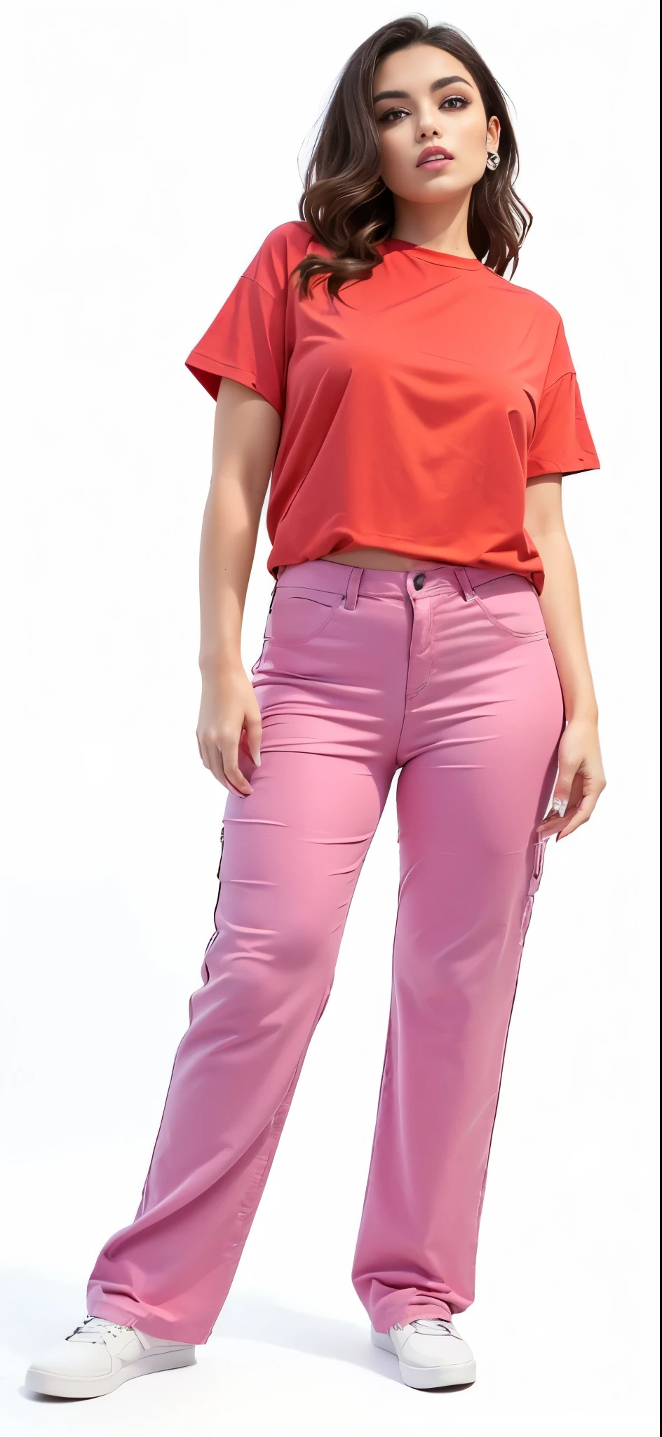 a woman in a red shirt and pink pants stands in front of a white background, estilo de cor rosa e vermelho, Bloqueando cores, wearing cargo pants, bloqueio de cores, roupas coloridas, roupas rosa, big pants, cargo pants, cores mais quentes e suaves, Roupas coloridas, brilhantemente colorido, cores neon silenciadas, ad image, jeans largos, esquema de cores rosa e vermelho