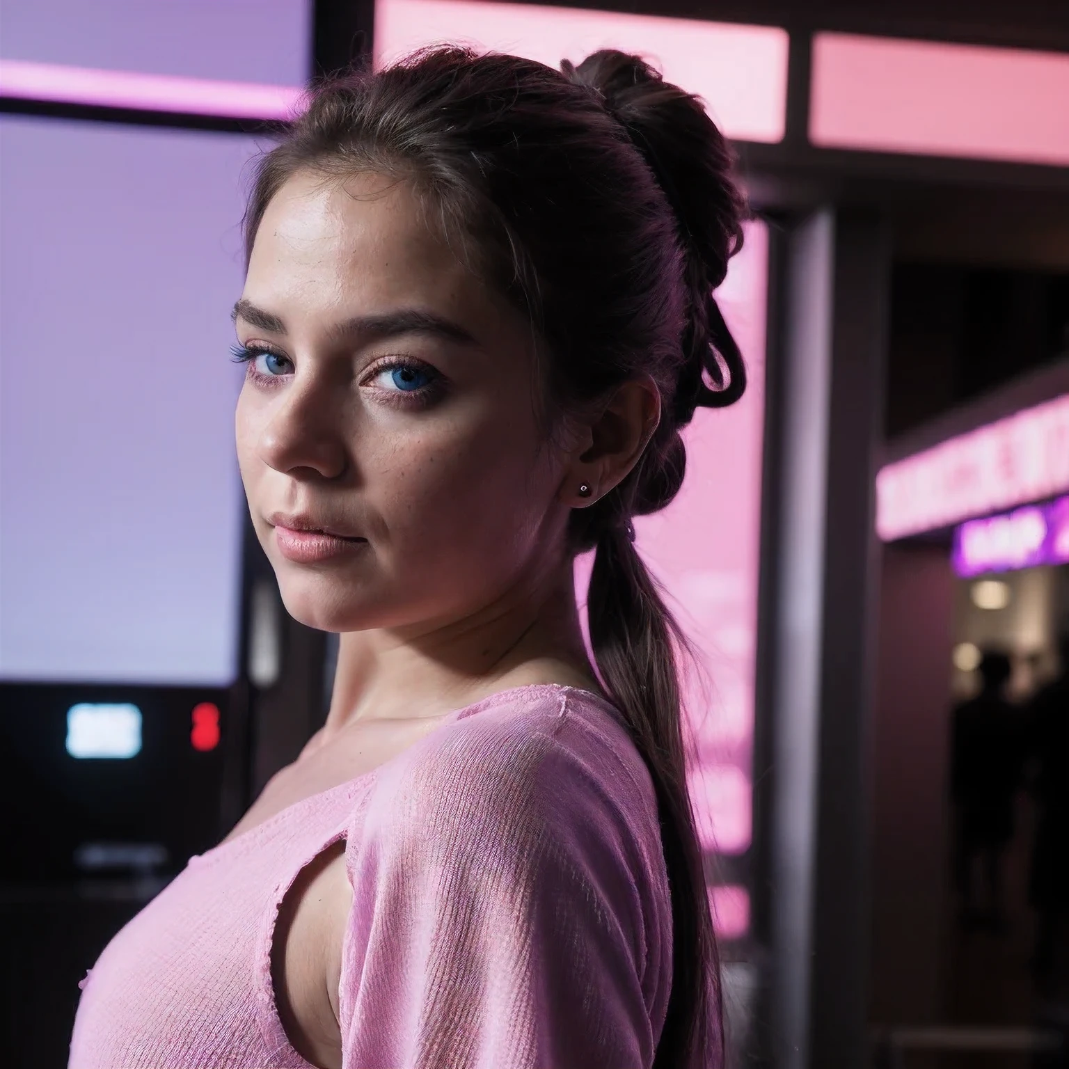 photo of a 4 years old, in Purple Pink, futuristic cotton and linen, (freckles:0.8) cute face, sci-fi, dystopian, detailed eyes, cobalt blue eyes((Side view))Disco bar