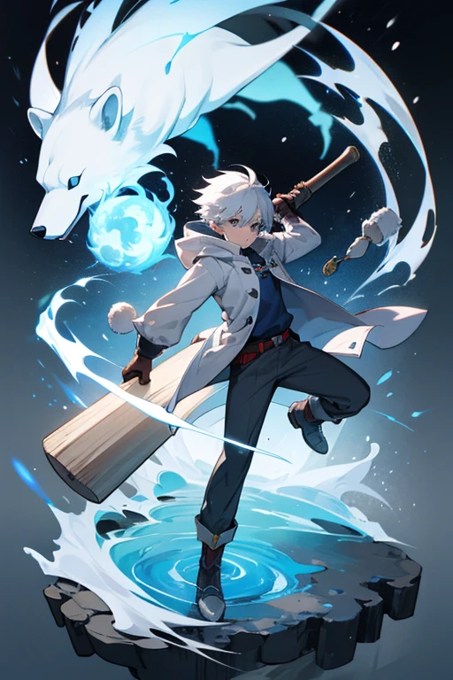 boy, snow white hair, grey eyes, full body, polar bear Jacket, elemental watch, Giant white Mallet, Elemental Hero, Elemental Magic, Fire, Water, Earth, Air,