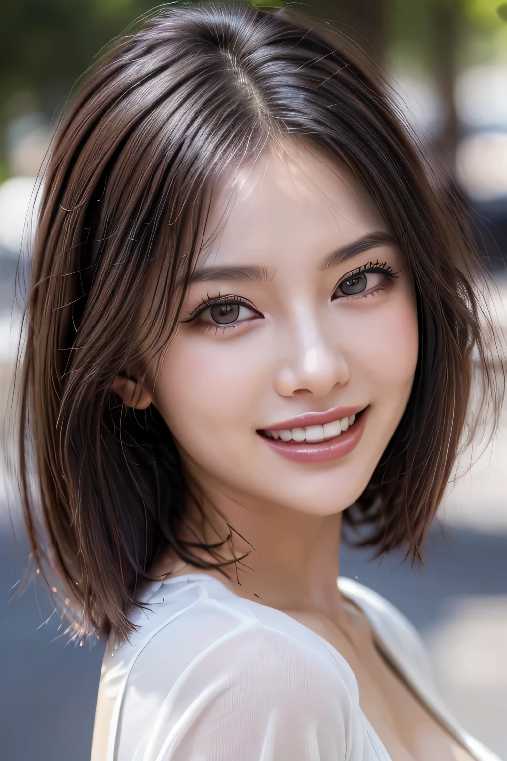 (8k, RAW Photos, highest quality, masterpiece, Realistic, Realistic), (1 female), (Ultimate beauty), Highly detailed face, (Perfect Teeth), Beautiful Eyes, double eyelid, eyelash, smile, Lip details, (Neat brunette bob), The light shines on your face, Big Breasts, ((Colorful mini dresses)), (background: none),  Background blur