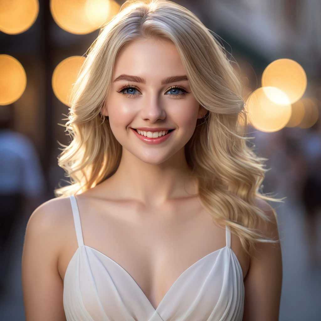 Best quality, masterpiece, high resolution, 1girl, short flared white chiffon dress, SMILE, closed mouth,lips, Long blonde hair, Beautiful detailed eyes,detailed eyelash, beautiful face,sur_corps, Tyndall effect,photorealistic, rim lighting, two-tone lighting,(very detailed skin:1. 2), 8k uh, DSLR, soft lighting, High quality, volumetric lighting, Candide, photograph, High resolution, 4k, 8k, Bokeh, downtown, afternoon