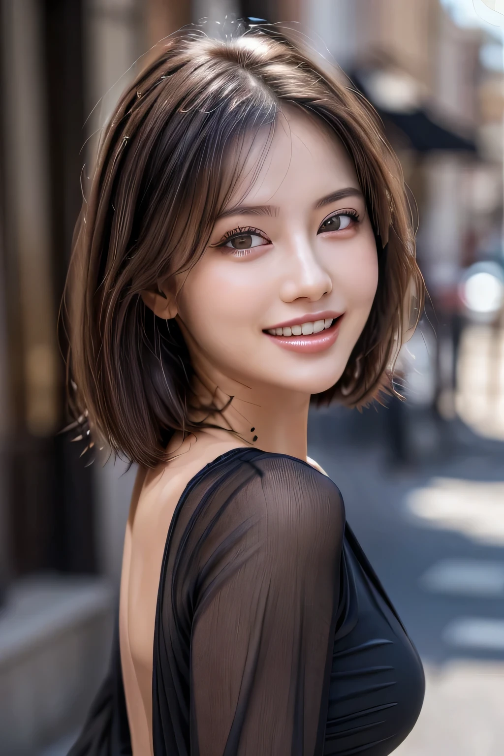 (8k, RAW Photos, highest quality, masterpiece, Realistic, Realistic), (1 female), (Ultimate beauty), Highly detailed face, (Perfect Teeth), Beautiful Eyes, double eyelid, eyelash, smile, Lip details, (Neat brunette bob), The light shines on your face, Big Breasts, ((Colorful mini dresses)), (background: none), Background blur