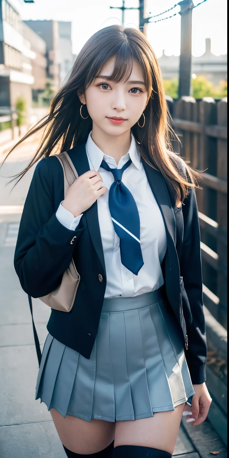 mix4, (16 K, Raw photography, Top image quality, ​masterpiece: 1.45), (realisitic, Photorealsitic: 1.37), one girls, cute little, A city scape,, profetional lighting, photon maping, school classrooms, physically-based renderingt, dark brown  hair,pony tail hairstyle, Well-groomed and beautiful eyes、((double eyelid))、Transcendent Cute Girl, (((student clothes、blazers、Long sleeve shirt worn by Japan high school girl、Ribbon Ties、Dark blue mini skirt,、Dark blue socks、Black loafers))), Top Quality Photos, hight resolution, 1080p, (clearface), (Detailed face description), (Detailed hand description), (​masterpiece), (Exquisite CG)、extreme light and shadows、dishevled hair、master work、abundant detail、(Fine facial features)、(top quality photo)、(masuter piece)、(A detailed eye)、Look in front of you、Fine clavicle、((Slender big))、(((Japan schoolgirls wear jackets and long-sleeved shirts)))、((Neat and clean idol))、((School Gate、school ground、School building in the background))、(Shooting from random perspectives)、(((Anyway cute)))、earrings、A big smile、Drawing the whole body from the knees、Do not draw nasolabial folds、(((Sports bags used by Japan schoolgirls)))、(Big breasts that hang down big:1.2)、Big buttocks with tension、Two arms and two legs、(((from the front side:0.7)))、bare hand、(((Left and right symmetrical eyes)))、Standing Pose、Put your hands on your desk、Do not take the tie out of the jacket、Raise your buttocks:1.5，barebacked:1.5，