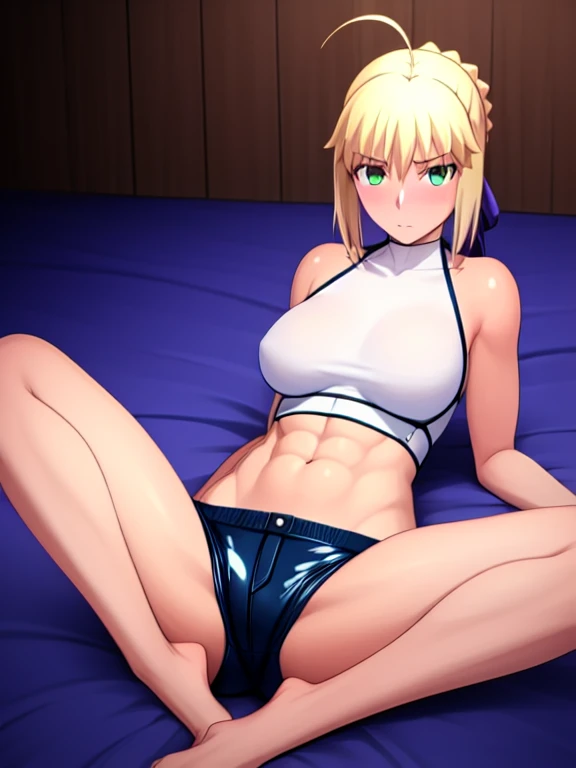 Best_quality, masterpiece, highres, detailed, detailed_background, ray_tracing_graphic, solo, adult_female, {saber_fatestaynightufotable:1.15}, blonde_hair, French_bread, little_ahoge, detailed_green_eyes, blue_ribbon, 1girl, anime_coloring, detailed_face, tsundere_face, five_fingers, blush, large_breasts, white_latex_tanktop, blue_straps, latex_shorts, from_the_top, lying, bed, dark_room, night_time, looking_at_viewer, oily_skin, sixpack_abs, detailed_skin, detailed_texture, full_body