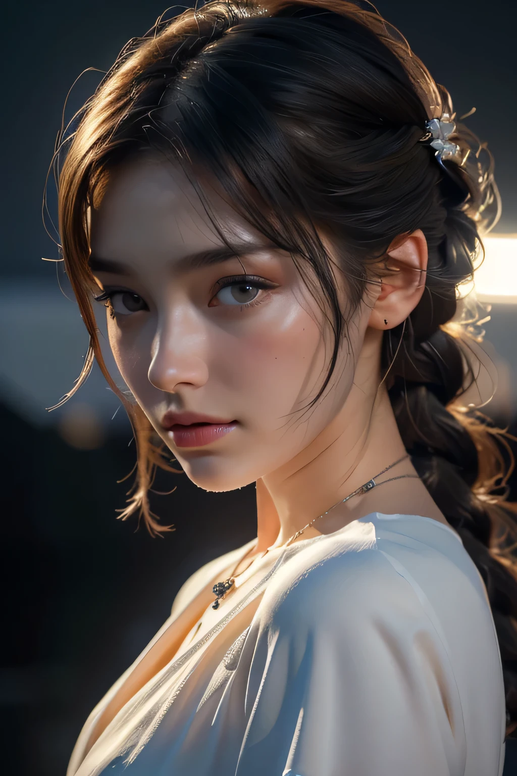 最high quality, masterpiece, High resolution, One woman, 30 years old, Porcelain Dress, hair accessory, necklace, jewelry, Pretty face, On the body, Tyndall effect, Realistic, Shadow Studio, Rim Light, Dual Tone Lighting, (High Definition Skins: 1.2), 8K Ultra HD, Digital SLR, Soft Light, high quality, Volumetric Light, Secretly photographed, photograph, High resolution, 4K, 8k, Background Blur, Dark Antarctic Night､A stunning 30-year-old beauty、(Dark and gloomy light), masterpiece, 最high quality, high quality, High resolution, Braided hair、(Upper body portrait)､