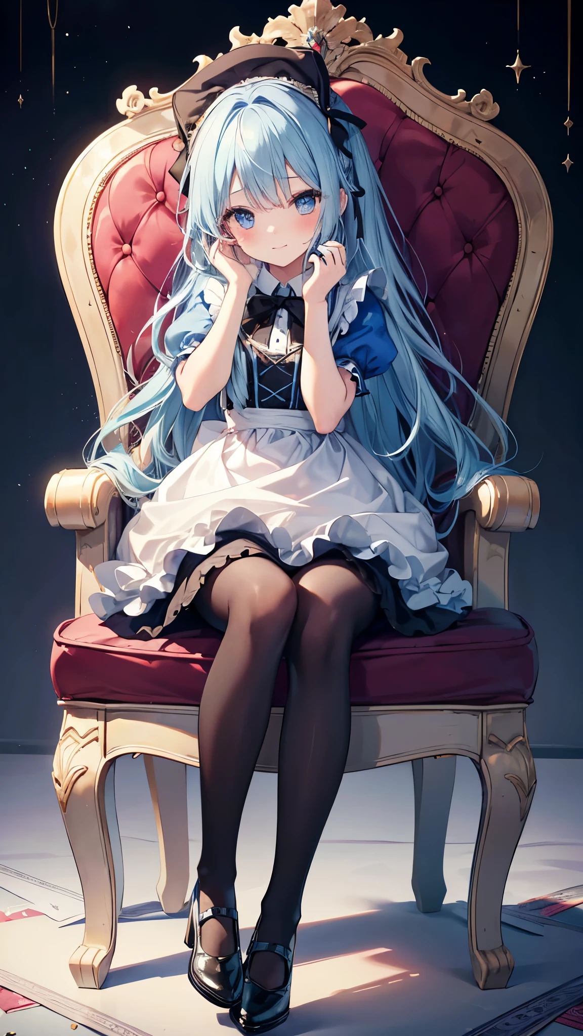 One girl, alone, Long Hair, blue eyes, Blonde, Crown, Sitting, pantyhose, dress, bow, card, apron, hair band, playing card, View your viewers, Short sleeve, hair bow, blue hair band, smile, blush, put your hand on your face, blue dress, Alice (Alice in wonderland), Hair between the eyes, Chair, black pantyhose, blue bow, Throne, Puffy sleeves, Put your hand on your cheek, bangs, puffy Short sleeve, ribbon, very Long Hair, mini Crown, The legs are detached from the frame, Frills, white apron, :q, masterpiece, highest quality,
