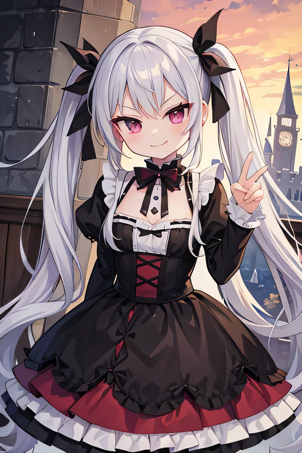 highest quality、Smirking face、vampire、Gothic ****ta、Long twin tails、Silver Hair、Castle