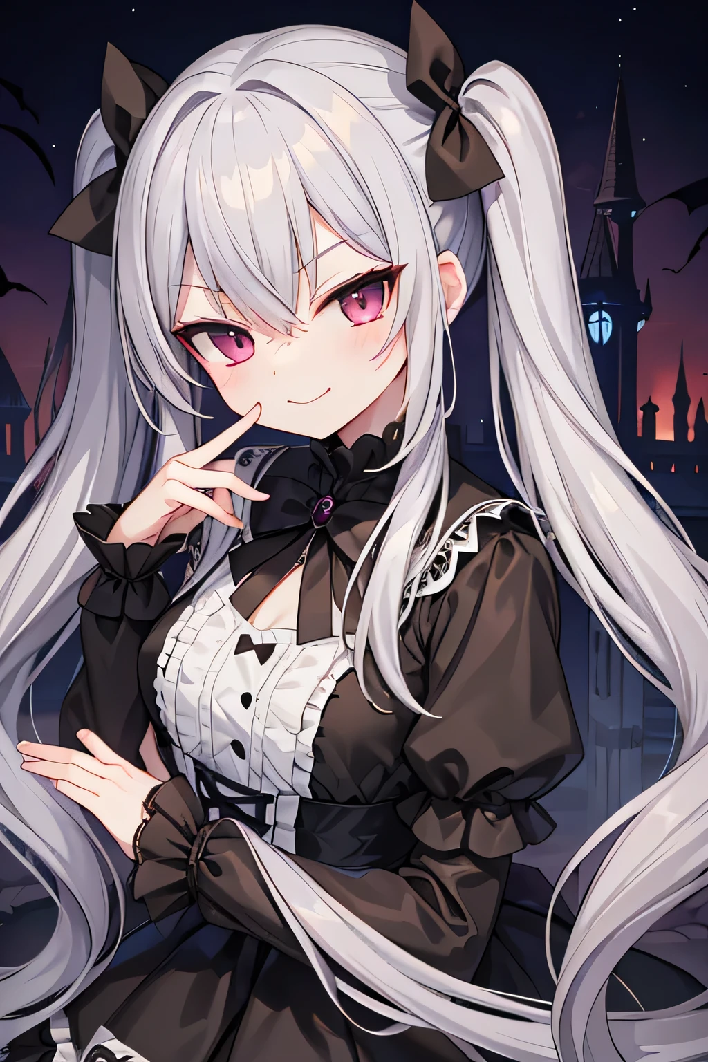 highest quality、Smirking face、vampire、Gothic ****ta、Long twin tails、Silver Hair、Castle