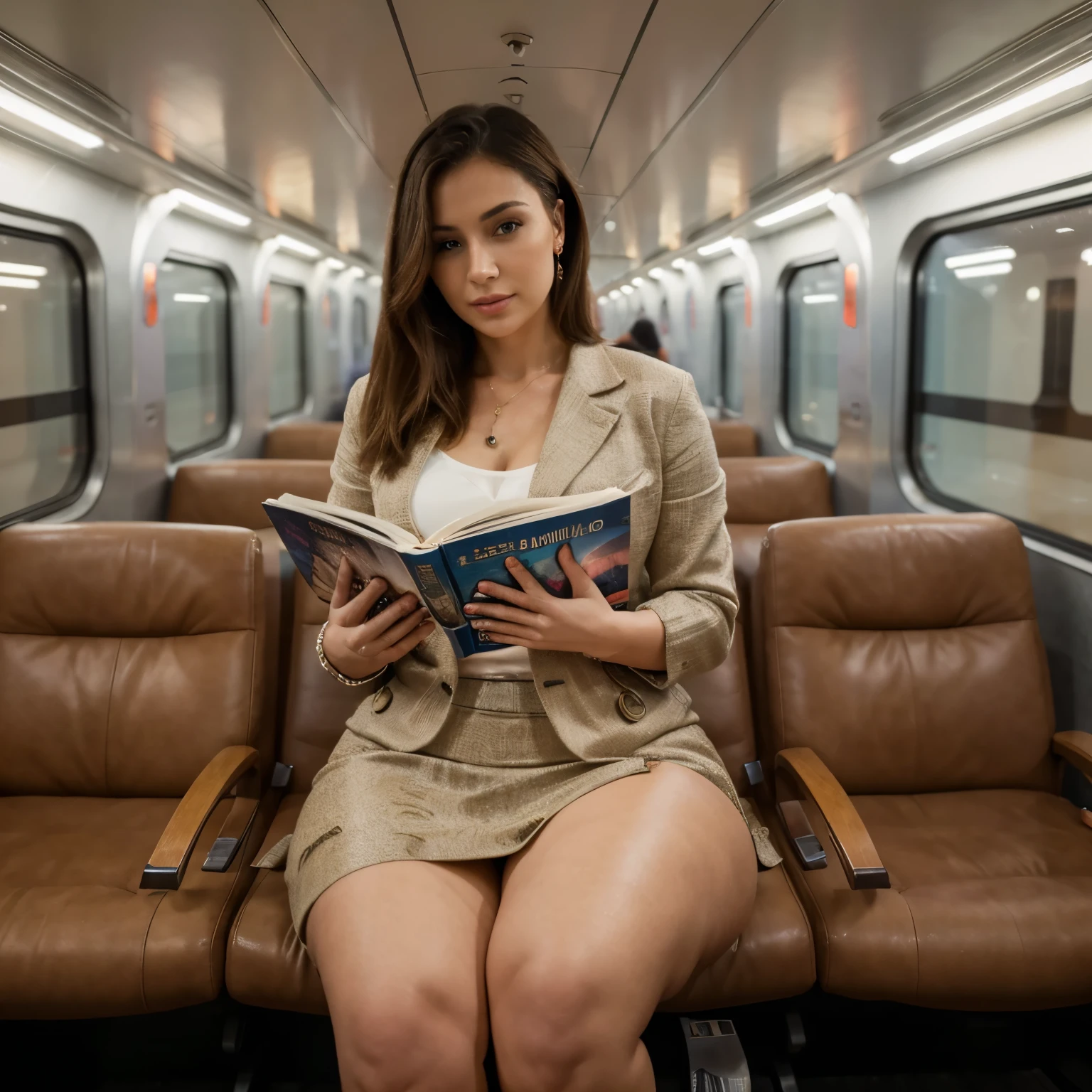 (best quality,4k,highres,masterpiece:1.2),ultra-detailed,realistic, HDR, UHD, professional, vivid colors, bokeh, portraits, train, lady, reading a magazine, mature, stylish, fashionable, elegant, poised, sophisticated, natural lighting, cozy atmosphere