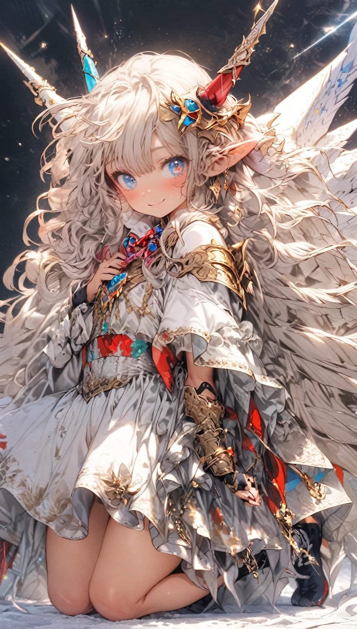masterpiece, best quality, extremely detailed, high resolution, Japanese anime,1girl, silver hair, (medium length hair:1.4), curly hair, wavy hair, drill hair, (mechanical horn:1.5), mechanical wing, (blue eyes:1.5), (beautiful detailed eyes:1.4), laugh, 130cm tall, original character, fantasy, (black background:1.2), (full body:1.8), beautiful fingers, standing, (white red lace frill armor dress:1.5), (bejeweled headgear:1.5) , shoot from front, looking at viewer