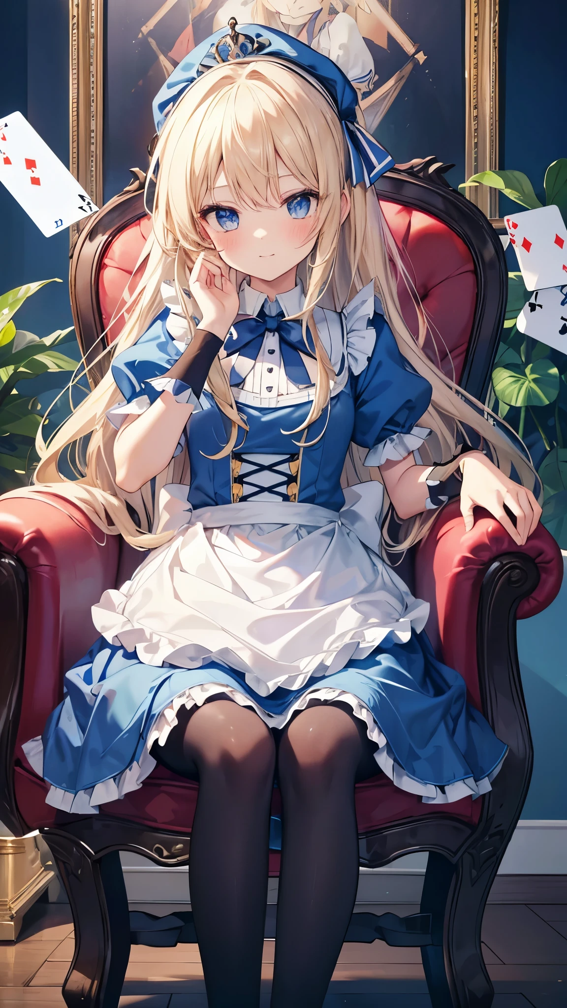 One girl, alone, Long Hair, blue eyes, Blonde, Crown, Sitting, pantyhose, dress, bow, card, apron, hair band, playing card, View your viewers, Short sleeve, hair bow, blue hair band, smile, blush, put your hand on your face, blue dress, Alice (Alice in wonderland), Hair between the eyes, Chair, black pantyhose, blue bow, Throne, Puffy sleeves, Put your hand on your cheek, bangs, puffy Short sleeve, ribbon, very Long Hair, mini Crown, The legs are detached from the frame, Frills, white apron, :q, masterpiece, highest quality,