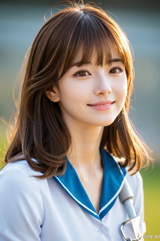 Best image quality, high image quality, beautiful woman, Japanese, fine, fine eyes, fine skin, beautiful skin, super high resolution, (reality 1.4), very beautiful, slightly young face, beautiful skin, thin, (surrealistic), (high resolution), (8k), (highly detailed) (beautifully detailed eyes), (highly detailed), wearing a cosplay nurse uniform, (wallpaper), (detailed face), show viewer , fine detail, detailed face, smile, standing straight, angle from the waist up, photorealistic, bright lighting, professional lighting, adult woman, brown hair, shoulder-length straight hair blowing in the wind, long and stylish bangs,