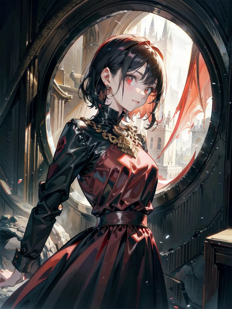 whole body, Gothic red dress, dragon, (in castle), creepy smile, absurdres, RAW photo, extremely delicate and beautiful, masterpiece, Best Quality, ultra high resolution, 32k, hyperrealistic, ultra-detailed, detailed description, pale skin, 20 years old, detailed beautiful face and eyes, tearful mole, earring, Colossal tits, short medium hair, wavy hair,