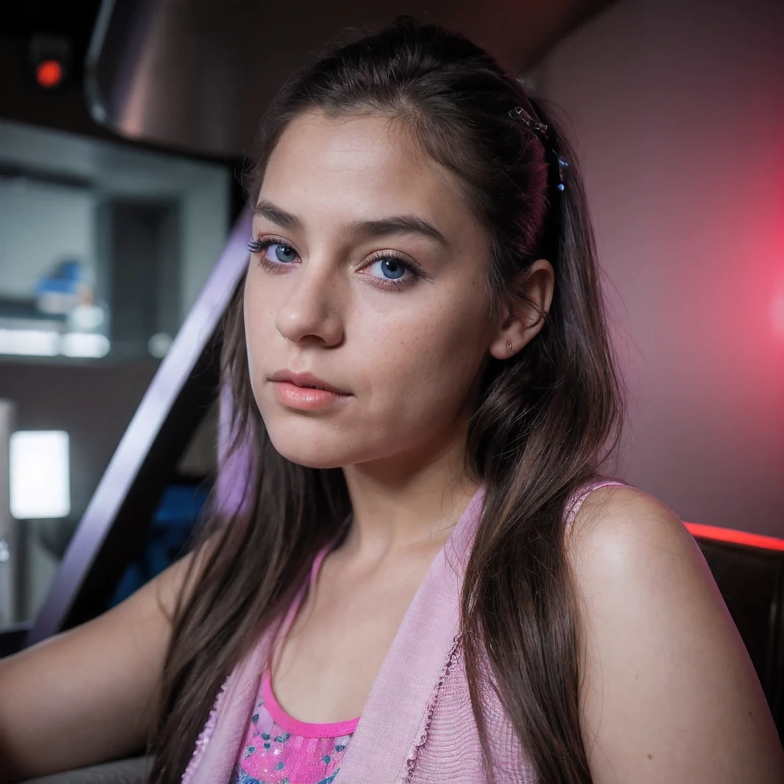 photo of a schoolgirl,8 years old, in Purple Pink, futuristic cotton and linen, (freckles:0.8) cute face, sci-fi, dystopian, detailed eyes, cobalt blue eyes((Side view))Disco bar