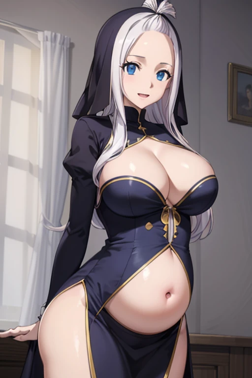 permanent, Smile, open mouth, Miradive, 1 Girl, white hair, blue eyes, masterpiece, absurd , (Intricate details), (rich and colorful),Movie Lighting,Half-length photo,Extremely detailed CG Unity 8K wallpaper, nun, show underwear, pregnant