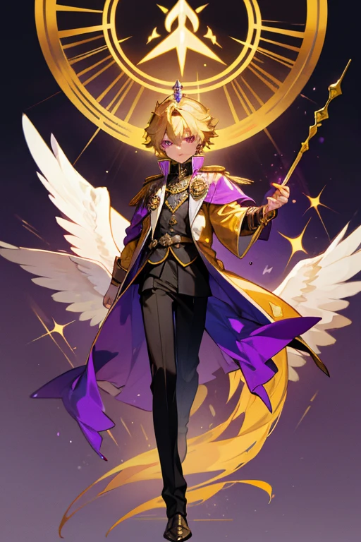 boy, golden hair, violet eyes, full body, hawk Jacket Coat, prince crown, royalty bracelets, royalty sceptre, noble prince, empire, heir to the throne,