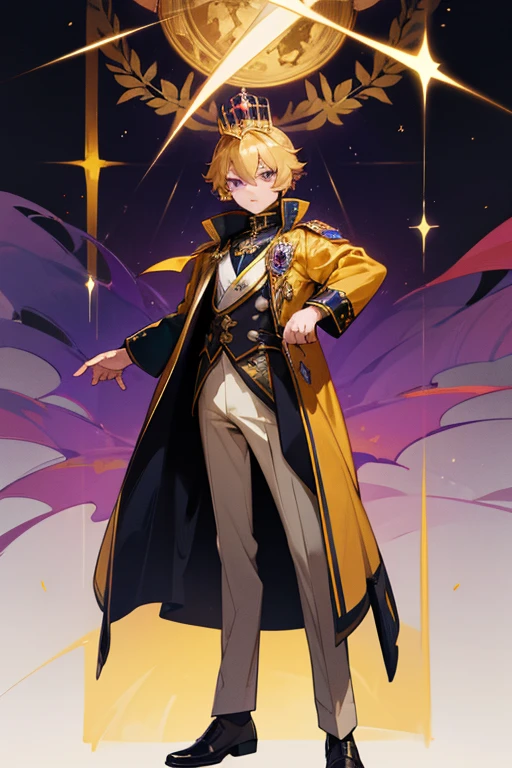boy, golden hair, violet eyes, full body, hawk Jacket Coat, prince crown, royalty bracelets, royalty sceptre, noble prince, empire, heir to the throne,