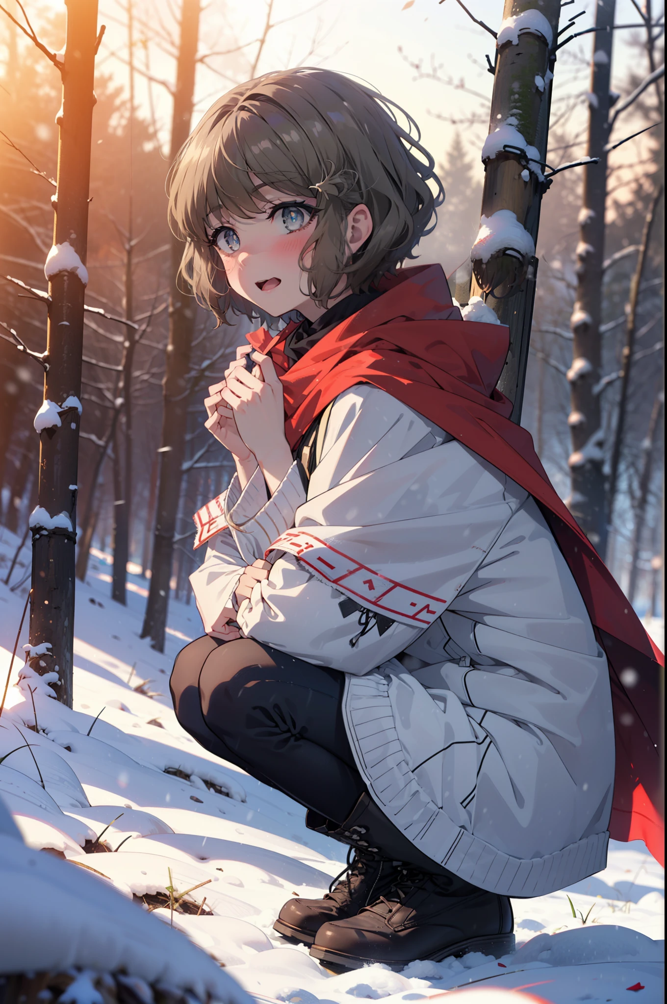 tomoekoga, Chie Koga, short hair, Brown Hair, blue eyes, hair band,smile,blush,White Breath,Medium chest,
Open your mouth,snow,Ground bonfire, Outdoor, boots, snowing, From the side, wood, suitcase, Cape, Blurred, having meal, forest, White handbag, nature,  Squat, Mouth closed, Cape, winter, Written boundary depth, Black shoes, red Cape break looking at viewer, Upper Body, whole body, break Outdoor, forest, nature, break (masterpiece:1.2), highest quality, High resolution, unity 8k wallpaper, (shape:0.8), (Beautiful and beautiful eyes:1.6), Highly detailed face, Perfect lighting, Extremely detailed CG, (Perfect hands, Perfect Anatomy),