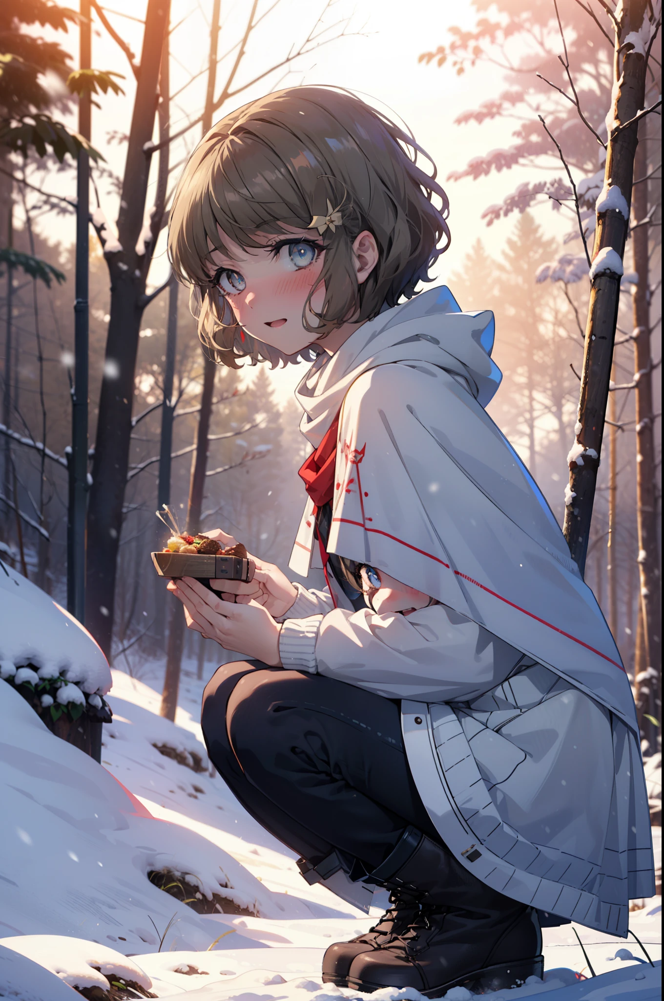 tomoekoga, Chie Koga, short hair, Brown Hair, blue eyes, hair band,smile,blush,White Breath,Medium chest,
Open your mouth,snow,Ground bonfire, Outdoor, boots, snowing, From the side, wood, suitcase, Cape, Blurred, having meal, forest, White handbag, nature, Squat, Mouth closed, Cape, winter, Written boundary depth, Black shoes, red Cape break looking at viewer, Upper Body, whole body, break Outdoor, forest, nature, break (masterpiece:1.2), highest quality, High resolution, unity 8k wallpaper, (shape:0.8), (Beautiful and beautiful eyes:1.6), Highly detailed face, Perfect lighting, Extremely detailed CG, (Perfect hands, Perfect ???????),