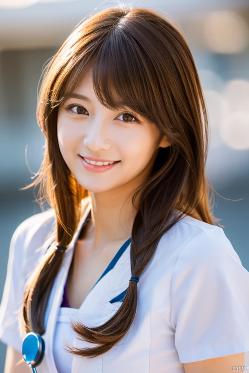 Best image quality, high image quality, beautiful woman, Japanese, fine, fine eyes, fine skin, beautiful skin, super high resolution, (reality 1.4), very beautiful, slightly young face, beautiful skin, thin, (surrealistic), (high resolution), (8k), (highly detailed) (beautifully detailed eyes), (highly detailed), wearing a sexy nurse uniform for cosplay, (wallpaper), (detailed face), viewer Showing fine details, detailed face, smiling, standing straight, angle from the waist up, photorealistic, bright lighting, professional lighting, adult female, brown hair, shoulder length straight hair blowing in the wind, long Stylish bangs, from the knees up