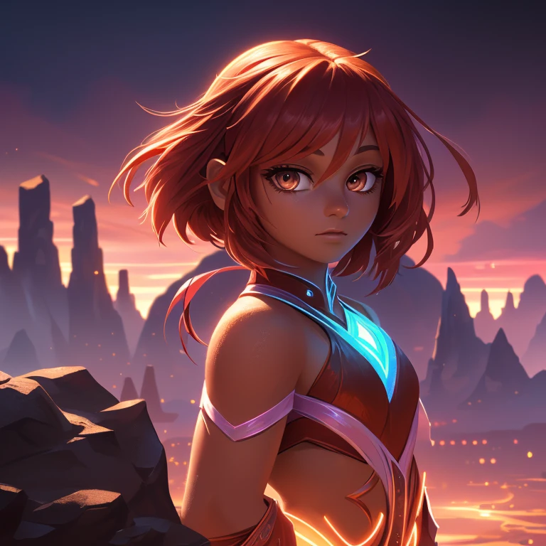 (AzariFiredancer:1.5), (dark skin, red hair, brown eyes), red to orange gradient hair, (realistic:1.2), (masterpiece:1.2), (full-body-shot:1),(Cowboy-shot:1.2), neon lighting, dark romantic lighting, (highly detailed:1.2),(detailed face:1.2), (gradients), colorful, detailed eyes, (detailed landscape:1.2), (natural lighting:1.2), close shot, solo, 1girl,