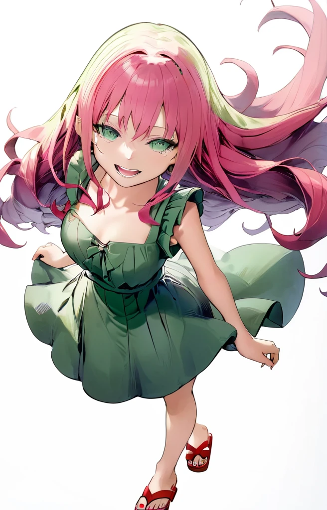 White background, 3/4 view, 1girl, pink long hair, violet eyes, wearing green dress, red sandals, female , evil smile, sinister smile, high res, ultrasharp, 8K, masterpiece