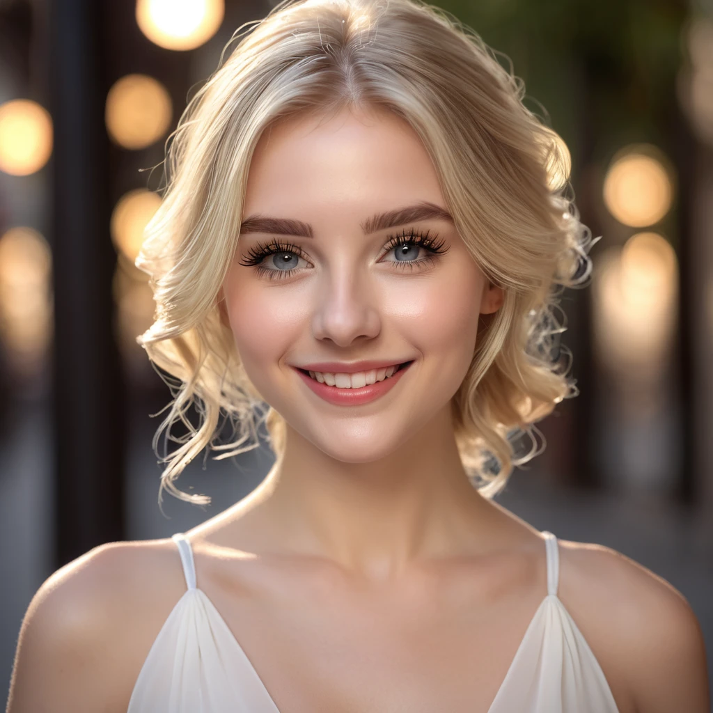 Best quality, masterpiece, high resolution, 1girl, short flared white chiffon dress, SMILE, closed mouth,lips, Long blonde hair, Beautiful detailed eyes,detailed eyelash, beautiful face,sur_corps, Tyndall effect,photorealistic, rim lighting, two-tone lighting,(very detailed skin:1. 2), 8k uh, DSLR, soft lighting, High quality, volumetric lighting, Candide, photograph, High resolution, 4k, 8k, Bokeh, downtown, afternoon