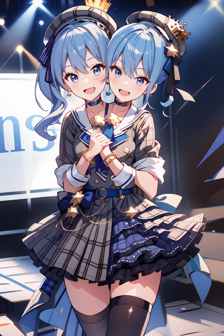 (masterpiece, best quality), best resolution, 16k, (2heads:1.5), close-up, 1girl, solo, HoshimachiSuisei, side ponytail, blue hair ribbon, SuiseiBase, plaid beret, crown, blue star choker, star earrings, blue ascot, plaid jacket, plaid skirt, layered skirt, partially fingerless gloves, star bracelet, uneven legwear, thigh strap, standing, (cheek to cheek), (own hands together, praying hangs), smile, open mouth, singing, look at viewer, happy, stable, concert stage, starfield, spotlight