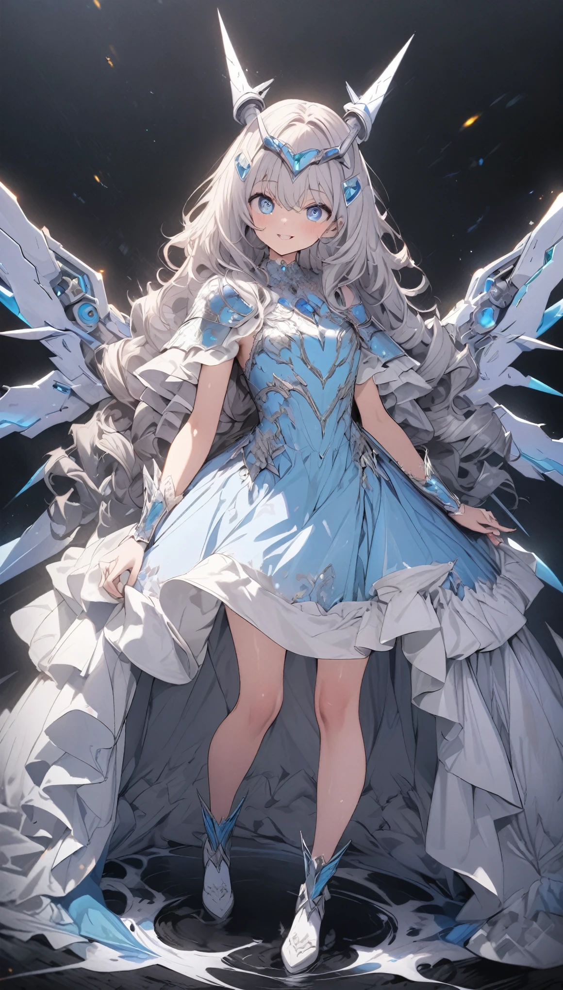 masterpiece, best quality, extremely detailed, high resolution, Japanese anime,1girl, silver hair, (medium length hair:1.4), curly hair, wavy hair, drill hair, (mechanical horn:1.5), mechanical wing, (blue eyes:1.5), (beautiful detailed eyes:1.4), laugh, 130cm tall, original character, fantasy, (black background:1.2), (full body:1.8), beautiful fingers, standing, (white blue lace frill armor dress:1.5), (bejeweled headgear:1.5) , shoot from front, looking at viewer
