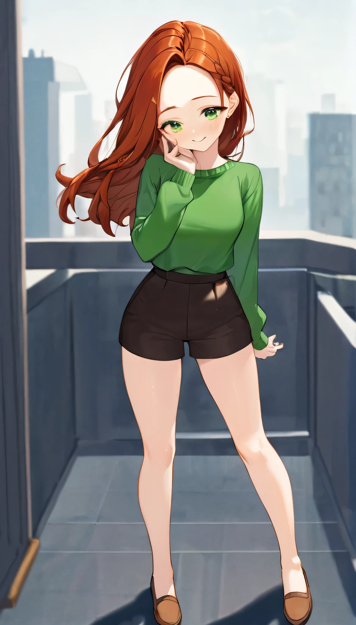 A handsome irish woman in her early 20s. she has long, loosely waved red hair in0 a casual style, with a few strands falling naturally over her forehead. her green eyes stand out on her elegant face – high cheekbones, a dusting of freckles over her nose, thick groomed eyebrows, and a rounded smooth jawline, sexy outfit, full body, dynamic pose