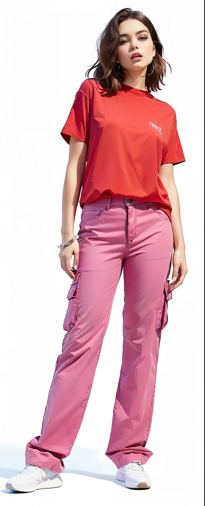 a woman in a red shirt and pink pants stands in front of a white background, estilo de cor rosa e vermelho, Bloqueando cores, wearing cargo pants, bloqueio de cores, roupas coloridas, roupas rosa, big pants, cargo pants, cores mais quentes e suaves, Roupas coloridas, brilhantemente colorido, cores neon silenciadas, ad image, jeans largos, esquema de cores rosa e vermelho