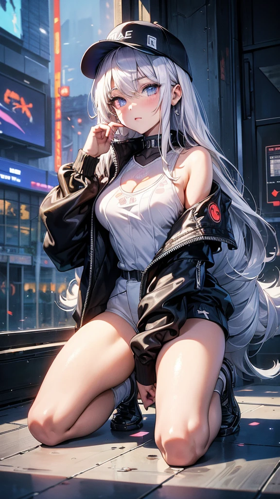 Female with WHITE-SILVERISH hair, bangs, blue eyes, scared frightened, embarrassed, shocked, 4"3, short, leather jacket, belt, pink panties, cameltoe pussy, large breasts, curved physique, soft features, wide hips, feminine appearance, long hair, (best quality,4k,8k,highres,masterpiece:1.2), best quality, 4k, 8k, highres, masterpiece:1.2, ultra-detailed, body shot,,high contrast,vivid colors,full body, body pose, cafe background