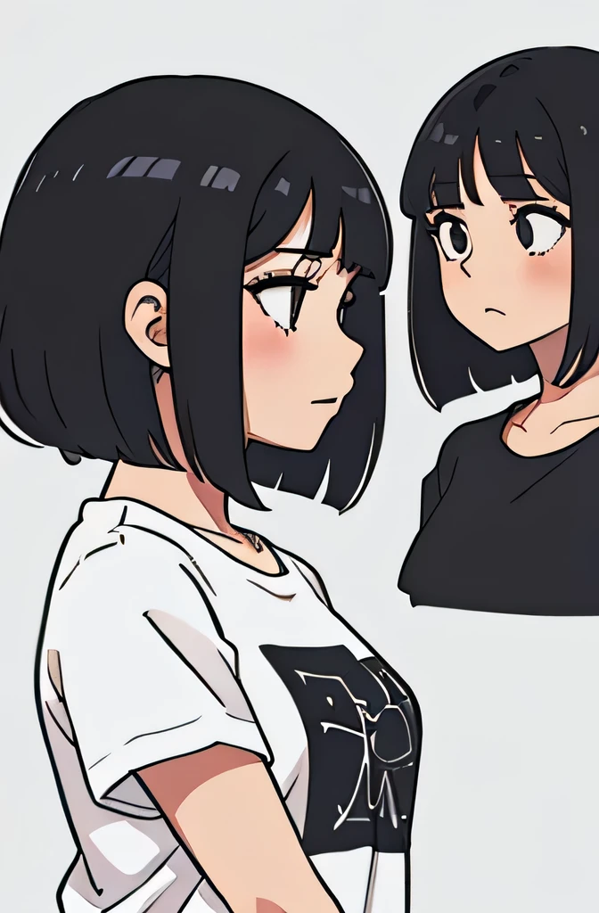 perfect anime illustration, side view illustration of a girl having long black hair with bangs, standing, wearing a t-shirt, detailed face, view from the side