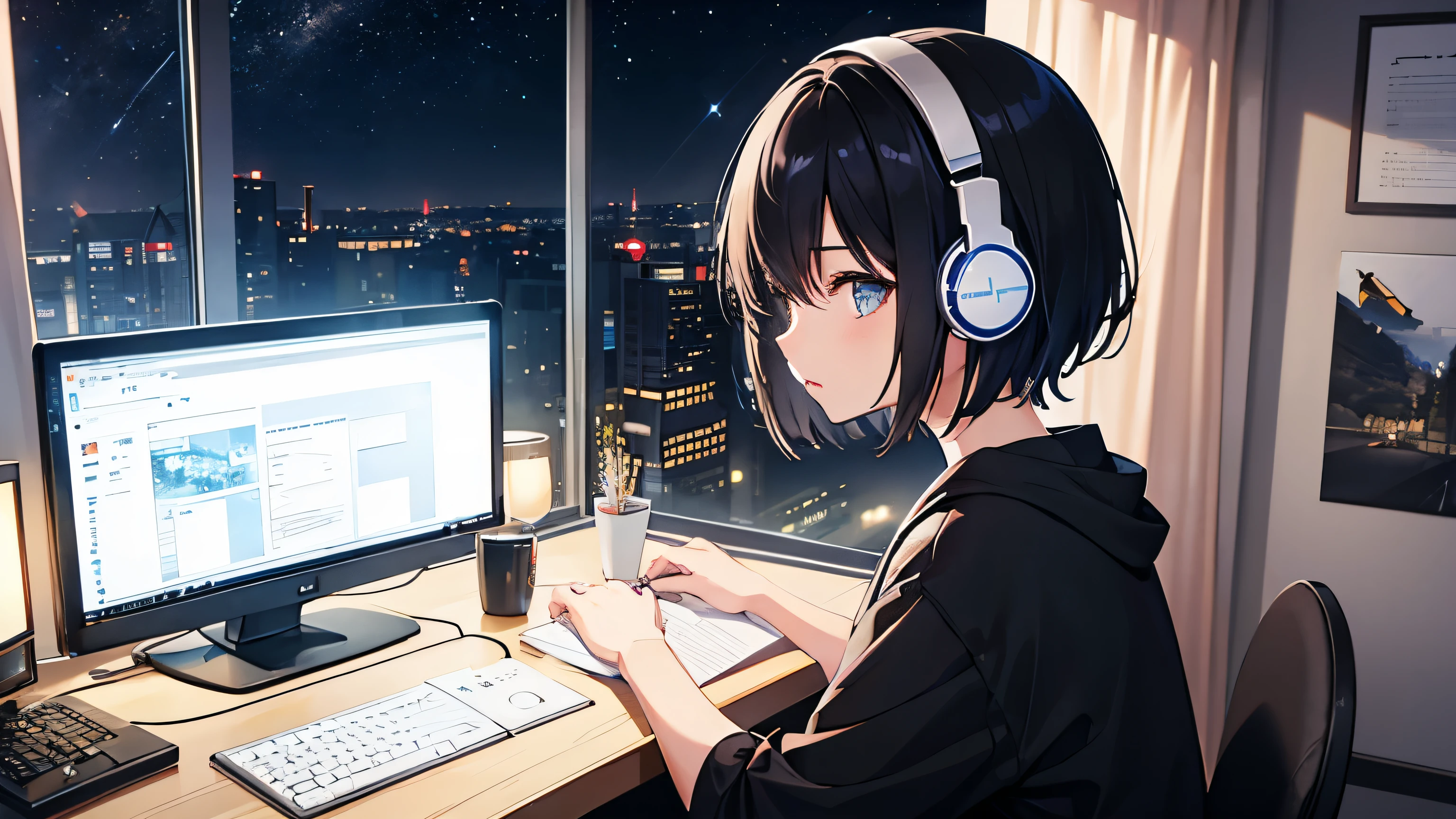 A girl with short black hair typing on a computer while listening to music with headphones in her room、Dim room lighting、Outside the room is a starry sky.、Japanese anime style、City Pop