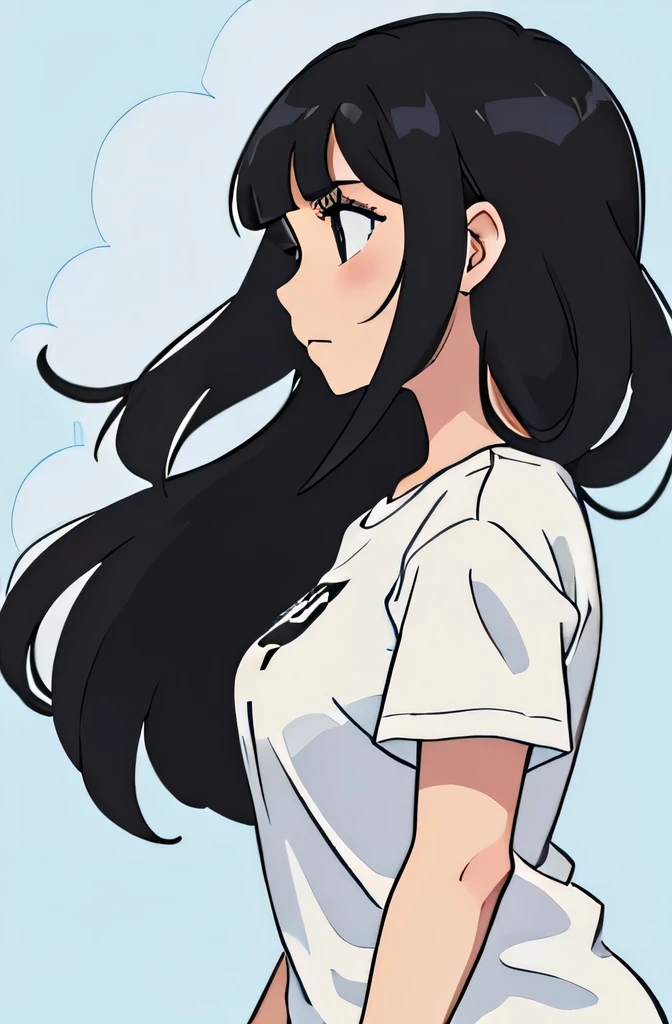 Perfect anime illustration, side view of a girl having long black hair with bangs, wearing a tshirt, close up picture, looking into the distance , holding her hand out