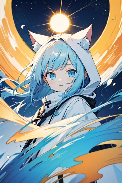 Moon and sun、Abstract Painting、Cat ear、White hooded parka、Girl、Captivating look