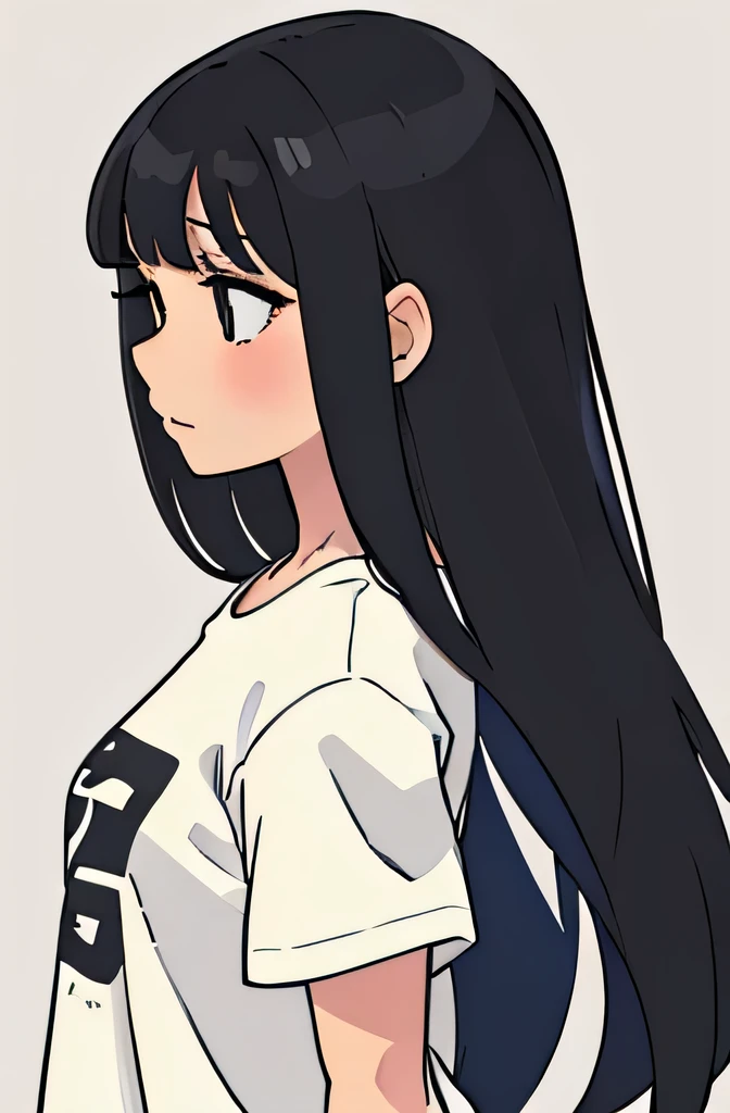 perfect anime illustration, side view illustration of a girl having long black hair with bangs, standing, wearing a t-shirt, detailed face