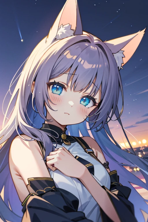 A place with a beautiful night view、Cat ear、Her cheeks are flushed